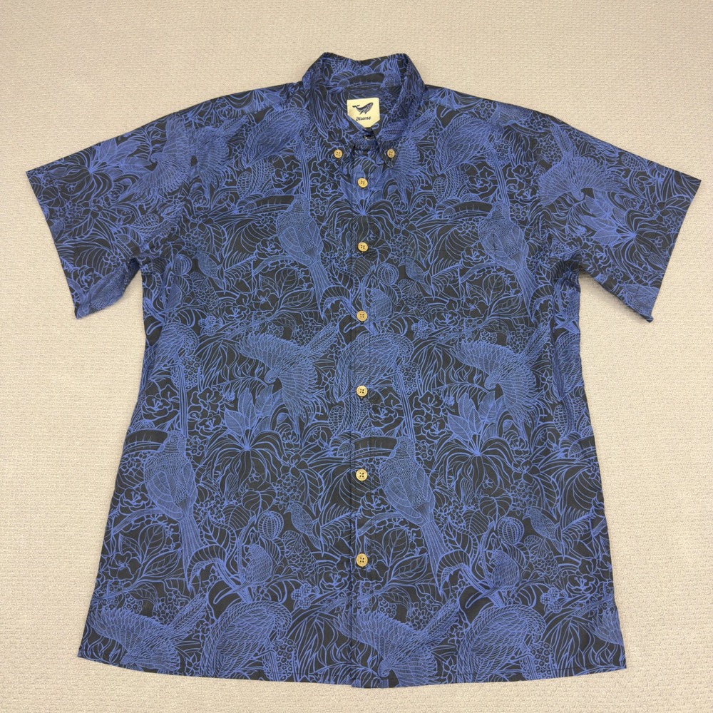 Yiume Shirt Mens Medium Blue Black Tropical Toucan Floral Cotton Hawaiian Beach